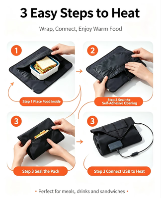 Self-sealing food heating bag USB powered for steady gentle heating of packed meals suitable for travel picnic and daily