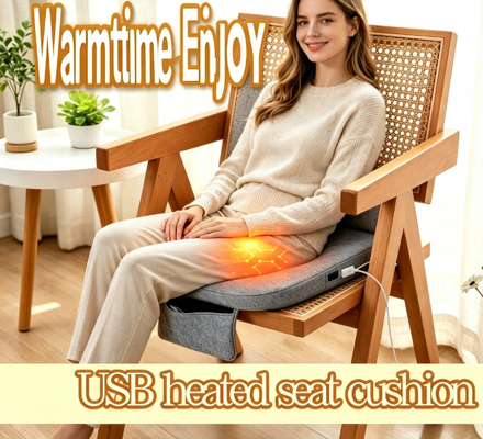 Graphene USB Heated Seat Cushion, Linen Cotton Heating Chair Pad with Built‑in Power Bank Pocket, 3‑Speed Temperature Adjustment, 3cm Thick Foam 45×45cm Portable Warm Seat Cushion for Car Home Office