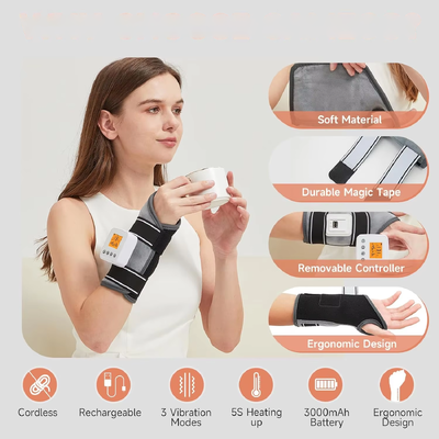 ที่รัดข้อมือแบบชาร์จ USB พร้อมระบบสั่นนวด, ปรับอุณหภูมิได้ 3 ระดับ & ตั้งเวลา, สายรัดข้อมือทำความร้อนสำหรับรองรับข้อมือจากอาการพังผืดทับเส้นประสาทและข้ออักเสบ