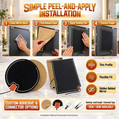 แผ่นทำความร้อนไล่ฝ้ากระจกกราฟีน, รูปทรง ขนาด แรงดันไฟฟ้าสั่งทำพิเศษ, ฟิล์มยืดหยุ่นทนความชื้นสำหรับกระจกห้องน้ำ