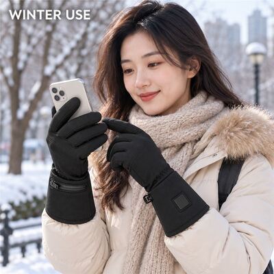 ถุงมือทำความร้อนกราฟีน, ถุงมือกันหนาวสีดำพร้อมแถบควบคุมข้อมือและช่องใส่แบตเตอรี่ซิป, ข้อมือยาว, ขนาดและสีที่กำหนดเอง ป้ายส่วนตัวและบรรจุภัณฑ์สำหรับโครงการ OEM ODM