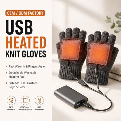 ถุงมือสวมแบบอุ่นด้วย USB ถุงมือฤดูหนาวที่ไม่มีนิ้วมือ 5V พร้อมปั๊มทําความร้อนแบบ Velcro ที่สามารถถอดออกได้ ความอบอุ่นแบบคงที่ 40-50C การป้องกันความร้อนเกิน CE FCC RoHS สีที่กําหนดเอง โลโก้และบรรจุ